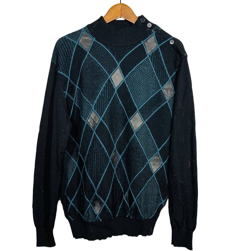 Vintage 80s Torras Leather Accent Argyle Sweater Mock Neck Grandpa Art Knit - 42